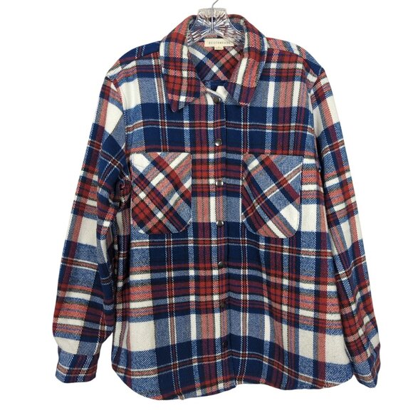 Eco Threads Plaid Flannel Women's Shirt Size L Blue Red White Snap Front soft - Picture 1 of 16
